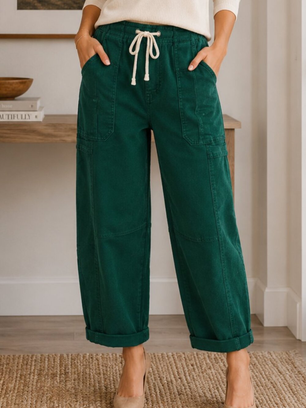 Risen Hunter Green Barrel Jeans 3/26 Cropped Ankle Drawstring